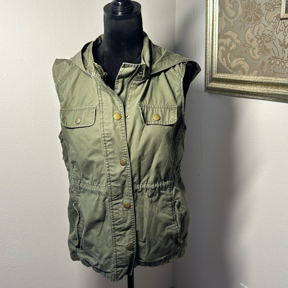 GAP military olive green‎ utility hoodie best double closing zip snap buttons M